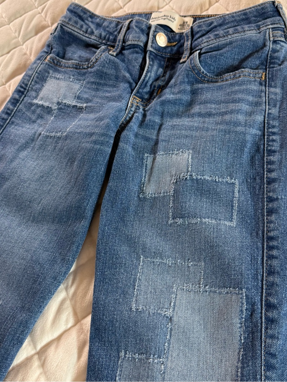 Abercrombie Kids Mid Rise Boyfriend Patchwork Jeans Size 7/8 Regular Blue Denim
